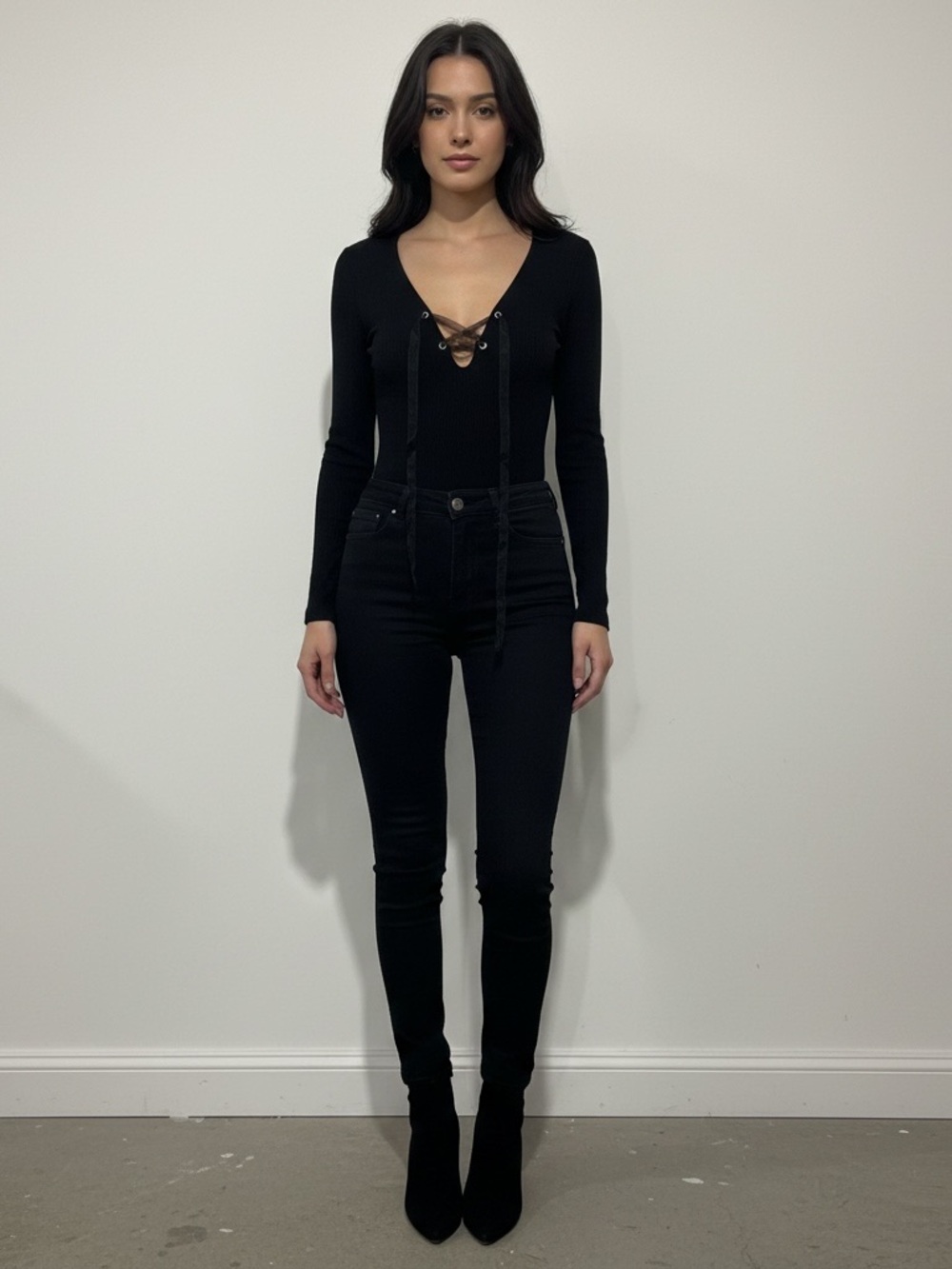 • Reformation • Women’s Lace-Up Black Bodysuit Small Ribbed Long Sleeve